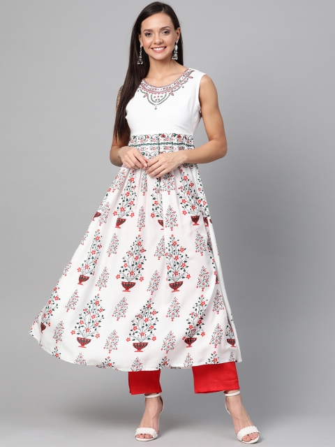 

HERE&NOW Women White & Orange Printed A-Line Kurta