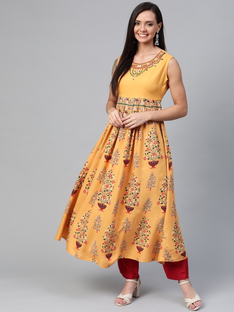 

HERE&NOW Women Mustard Yellow & Red Printed A-Line Kurta