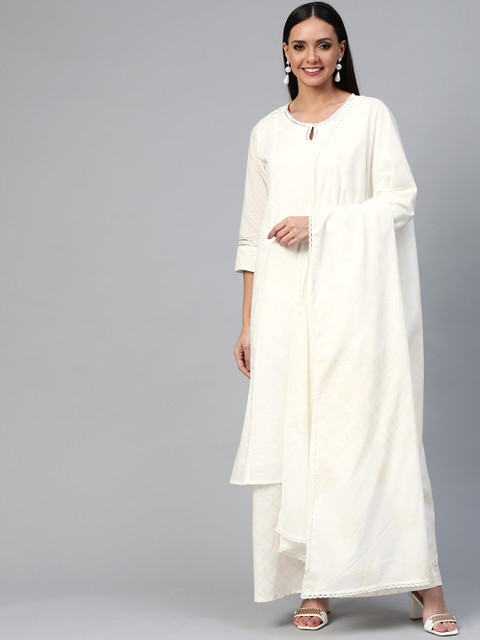 

HERE&NOW Women Off-White & Beige Polka Dot Print Pure Cotton Kurta with Palazzos & Dupatta