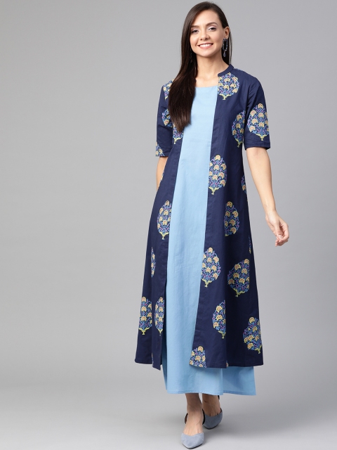 

HERE&NOW Women Blue Printed Maxi Layered Dress