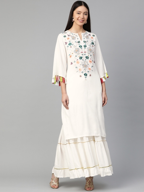 

HERE&NOW Women Off-White & Teal Green Floral Embroidered Yoke Design Kurta with Palazzos