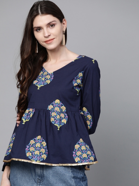 

HERE&NOW Women Navy Blue & Yellow Printed A-Line Pure Cotton Top