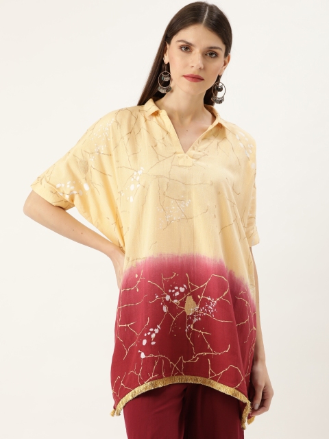 

Moda Rapido Women Cream-Coloured & Maroon Ombre Dyed Oversized Straight Kurti