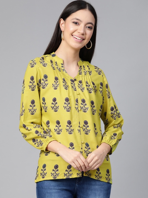 

HERE&NOW Women Lime Green & Navy Blue Printed Shirt Style Top
