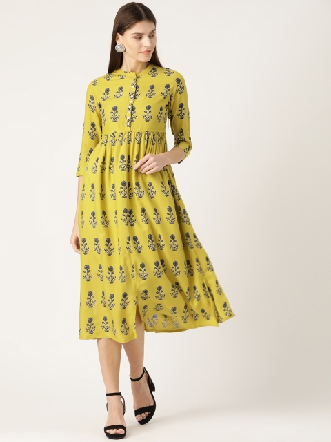

HERE&NOW Women Lime Green & Navy Blue Printed A-Line Dress