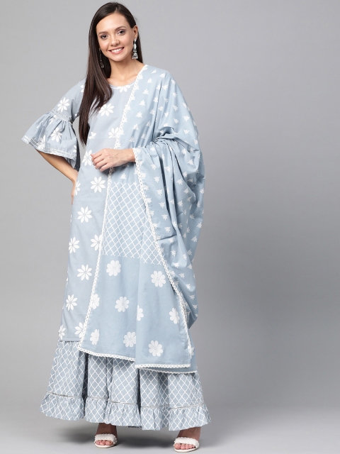 

HERE&NOW Women Blue & White Floral Print Kurta with Sharara & Dupatta