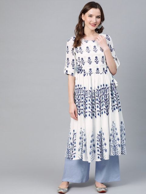 

HERE&NOW Women Off-White & Navy Blue Printed A-Line Kurta