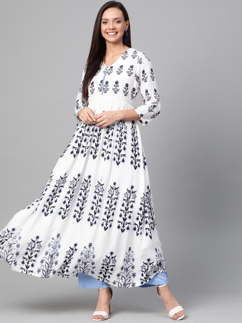 

HERE&NOW Women White & Blue Printed Tiered A-Line Kurta