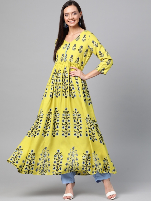 

HERE&NOW Women Green & Blue Printed Tiered A-Line Kurta