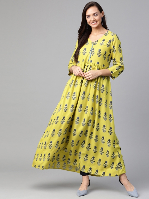 

HERE&NOW Women Lime Green & Navy Blue Printed Anarkali Kurta