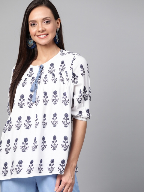 

HERE&NOW Women White & Navy Blue Printed Top