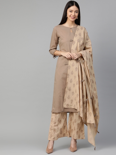 

HERE&NOW Women Grey & Beige Solid Kurta with Palazzos & Dupatta
