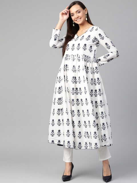 

HERE&NOW Women White & Navy Blue Printed Kurta with Trousers