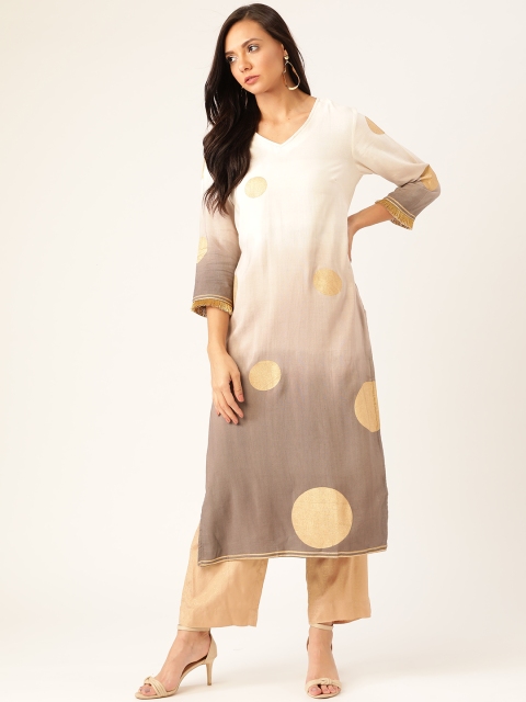 

Moda Rapido Women Off-White & Taupe Printed Straight Kurta