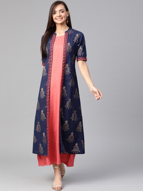 

HERE&NOW Women Navy Blue & Coral Pink Quirky Printed Layered Maxi Dress