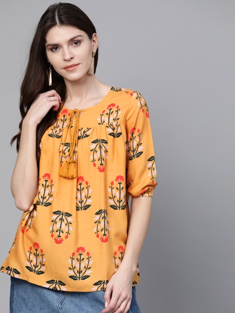 

HERE&NOW Women Mustard Yellow & Red Printed A-Line Top