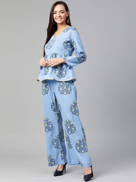 

HERE&NOW Women Blue & Yellow Ethnic Floral Motif Two-Piece Set