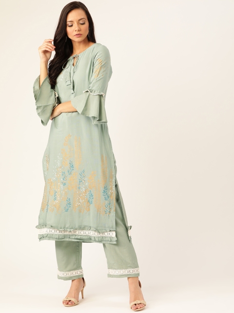 

Moda Rapido Women Green & Golden Printed Kurta with Palazzos