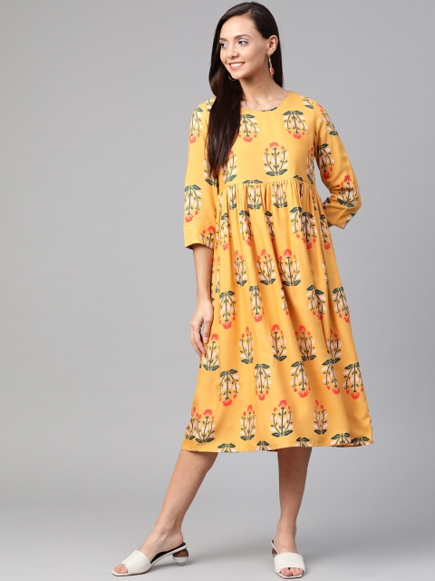 

HERE&NOW Women Yellow & Green Floral Printed A-Line Dress