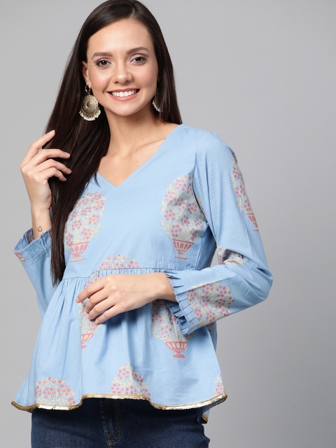 

HERE&NOW Women Blue & Pink Printed A-Line Pure Cotton Top