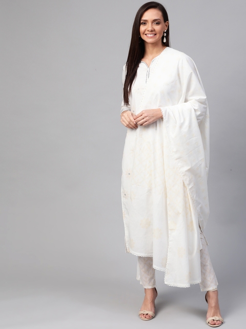 

HERE&NOW Women White & Beige Gotta Patti Ethnic Printed Kurta with Trousers & Dupatta