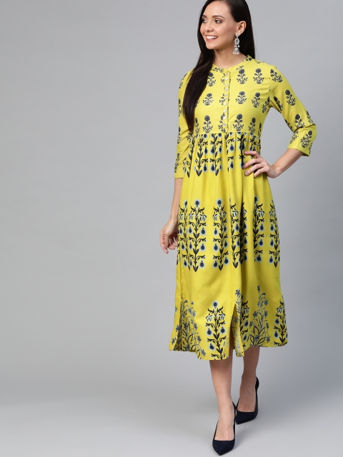 

HERE&NOW Women Green & Navy Floral Print A-Line Dress