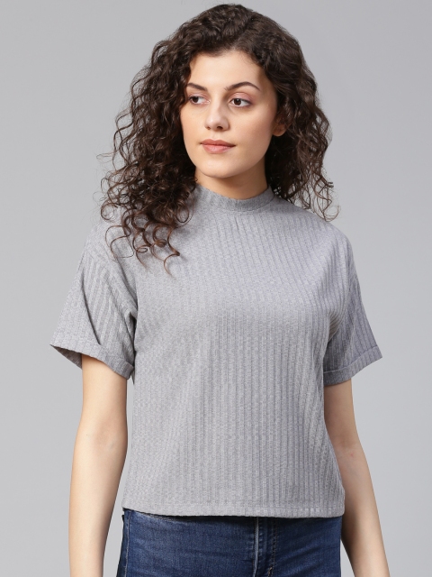

VividArtsy Women Grey Striped High Neck T-shirt