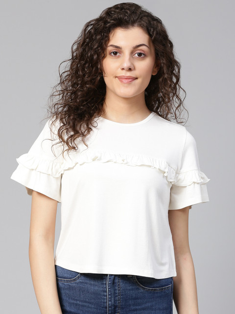 

VividArtsy Women White Solid Ruffle Detail Top