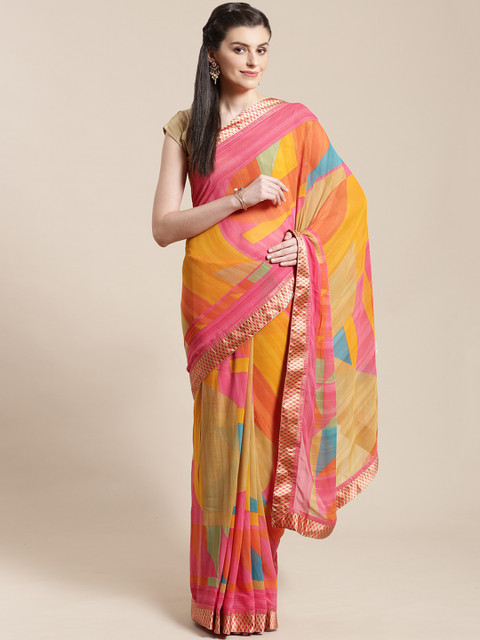 

Nanda Silk Mills Pink & Orange Printed Saree