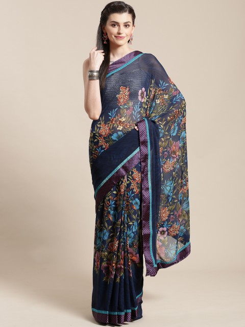 

Nanda Silk Mills Navy Blue Floral Print Saree