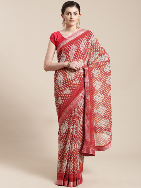 

Nanda Silk Mills Rust Red & Off-White Printed Saree