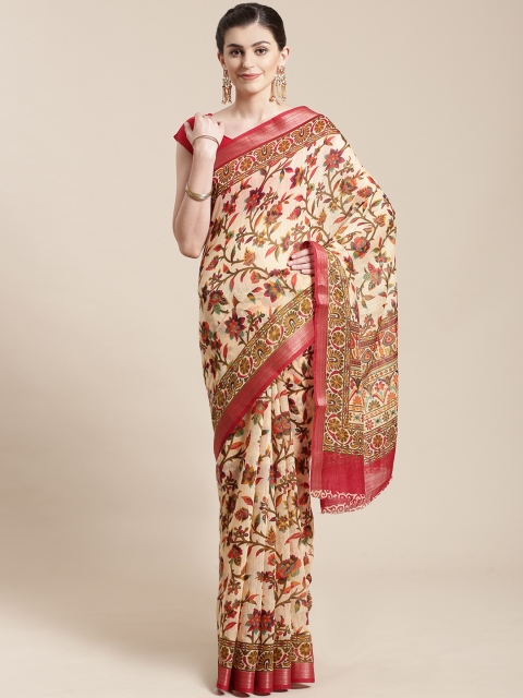 

Nanda Silk Mills Cream-Coloured & Rust Red Digital Floral Print Saree