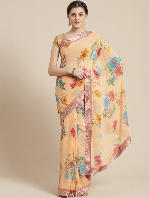 

Nanda Silk Mills Yellow & Peach-Coloured Floral Printed Saree