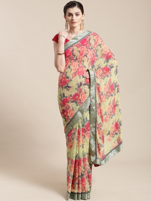 

Nanda Silk Mills Lime Green & Peach-Coloured Floral Print Saree