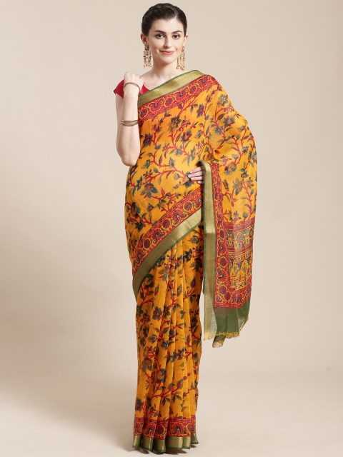 

Nanda Silk Mills Mustard Yellow & Green Digital Floral Print Saree