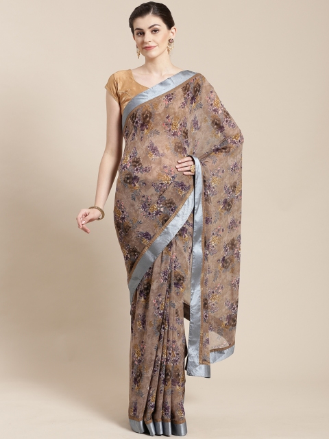 

Nanda Silk Mills Taupe & Brown Floral Print Saree