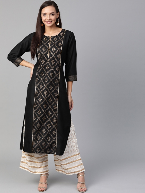 

KSUT Women Black & Golden Foil Print Straight Kurta