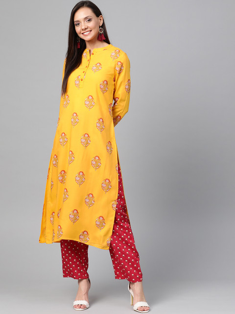

HERE&NOW Women Mustard Yellow & Red Printed Straight Kurta