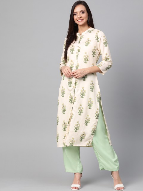 

HERE&NOW Women Cream-Coloured & Green Printed Straight Kurta