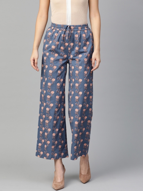 

HERE&NOW Women Grey & Peach-Coloured Floral Printed Straight Palazzos