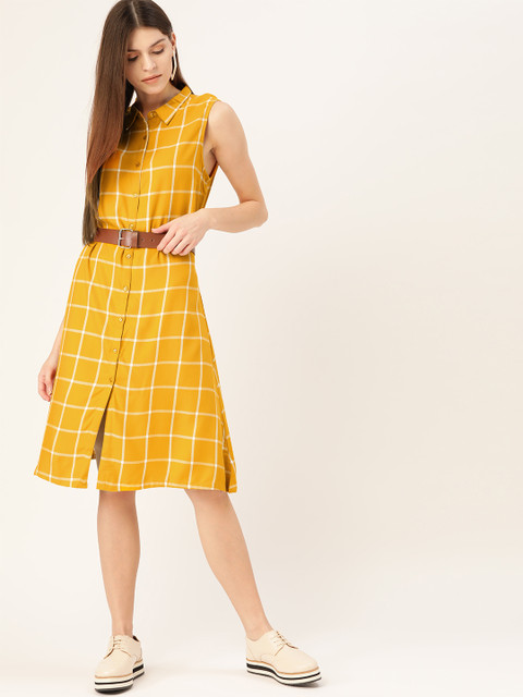 

Moda Rapido Women Mustard Yellow & White Checked Shirt Dress