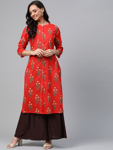 

HERE&NOW Women Red & Green Printed Straight Kurta