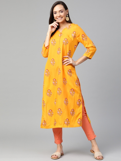 

HERE&NOW Women Mustard Yellow & Orange Printed Straight Kurta