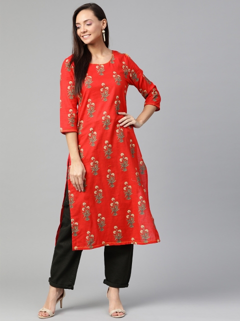 

HERE&NOW Women Coral Red & Yellow Printed Straight Kurta