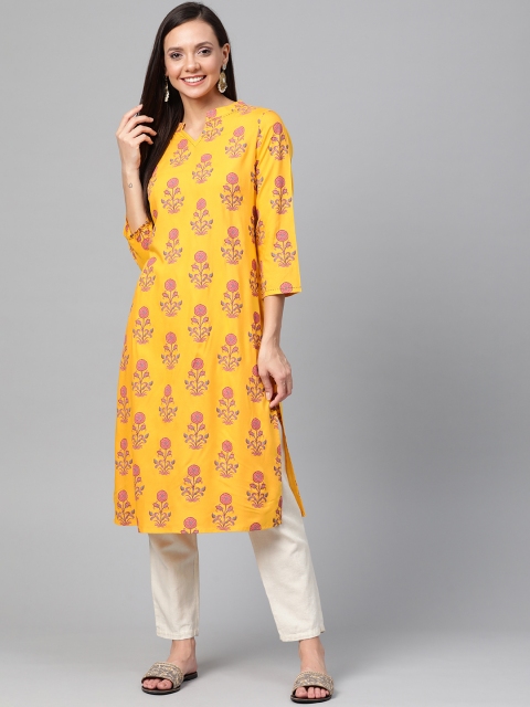 

HERE&NOW Women Mustard Yellow & Pink Printed Straight Kurta