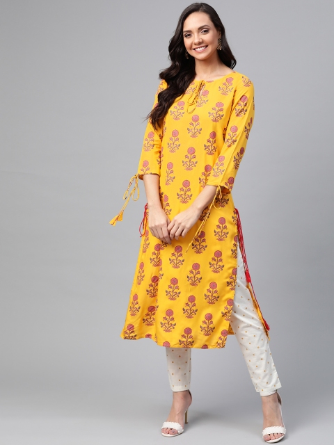 

HERE&NOW Women Mustard Yellow & Pink Printed Straight Kurta