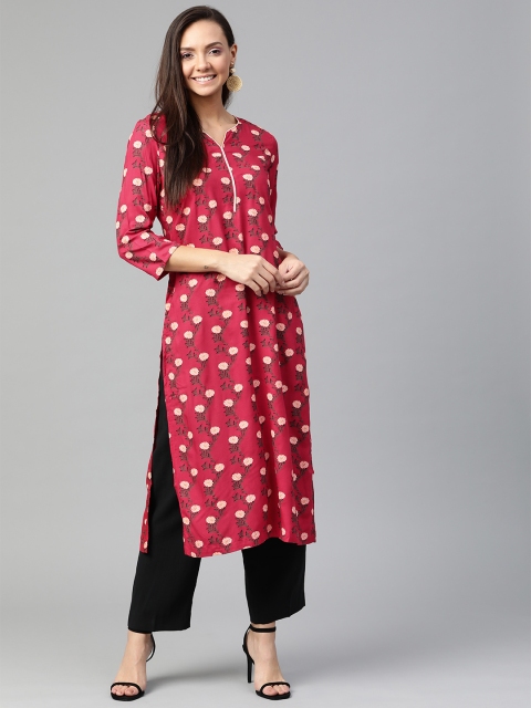 

HERE&NOW Women Magenta & Off-White Floral Print Straight Kurta