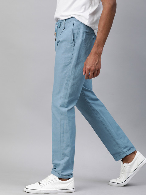 

Mast & Harbour Men Blue Regular Fit Solid Linen Trousers