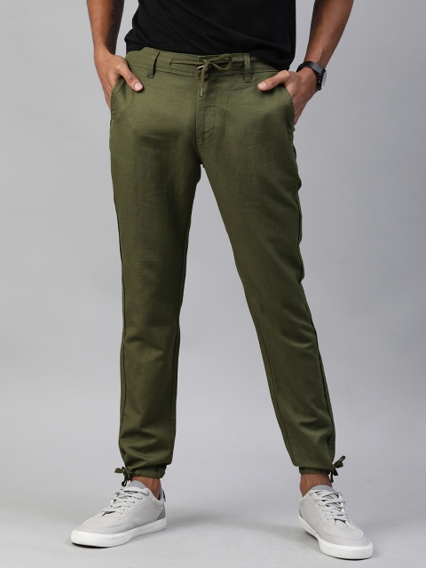 

Mast & Harbour Men Olive Green Regular Fit Solid Regular Trousers With Tie-Up Hem