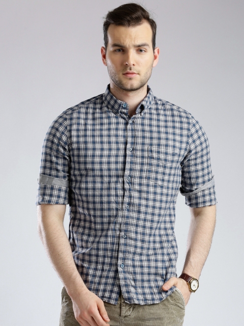 GAS Blue & Off-White Checked Slim Casual Shirt available at myntra for Rs.2744